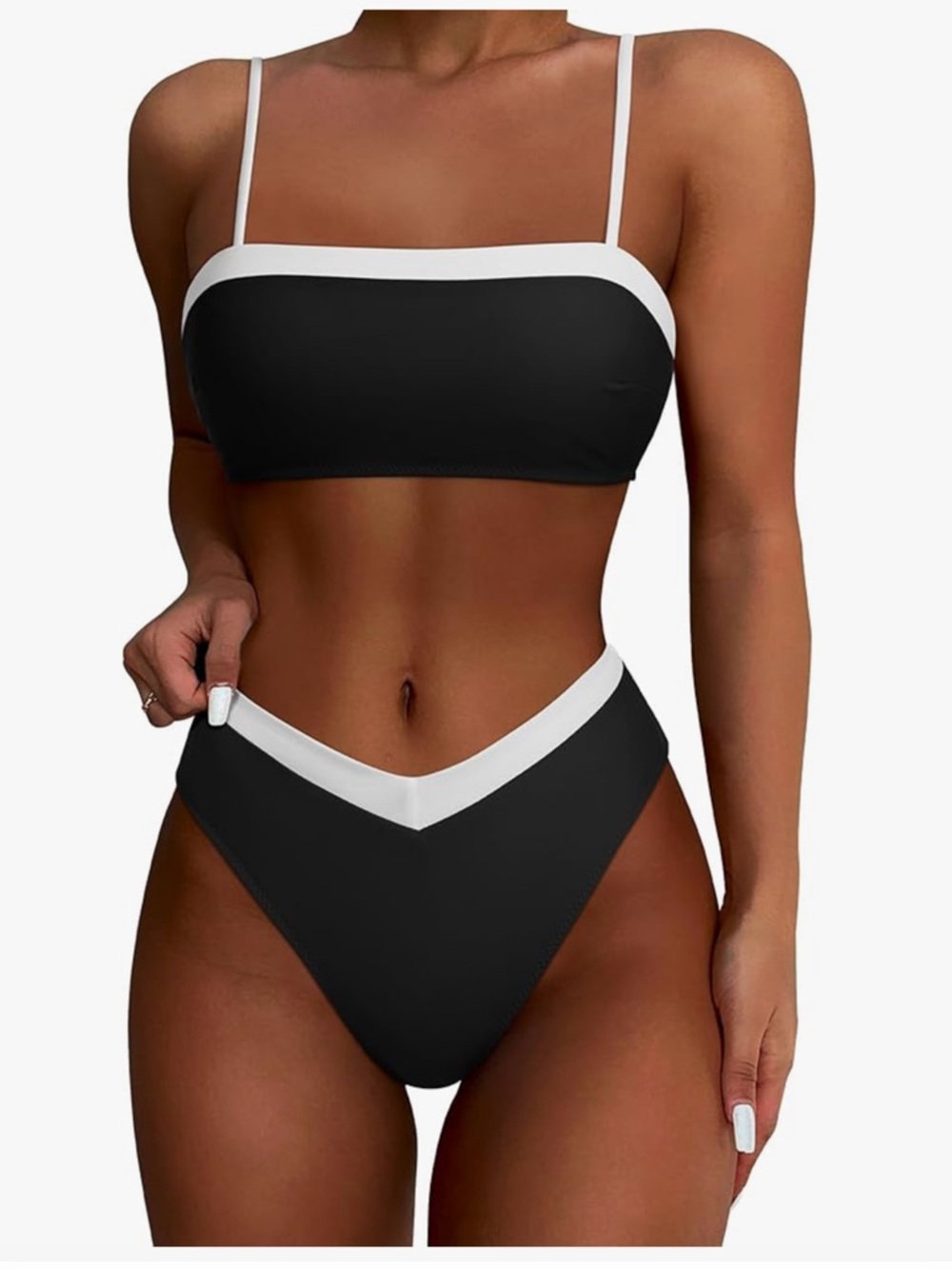 Contrast Trim Black Bandeau Bikini Set